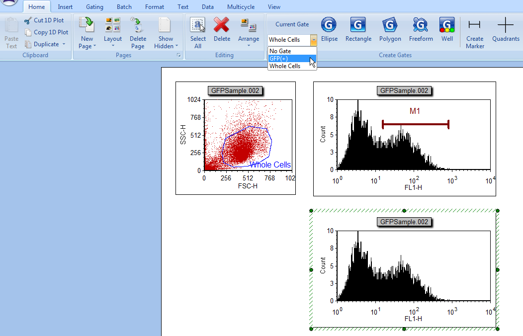图T7.9  Applying the GFP(+) Gate to the Lower Right Histogram (把门GFP(+)应用到右下方的柱状图)
